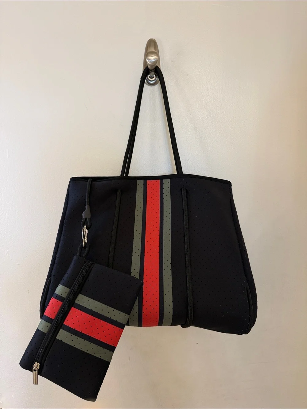 Black Neoprene Tote set with Red and Olive Stripes